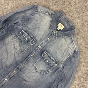 J Crew Womens Denim Shirt Blue Chambray Pearl Snap Size 12 Western Cowgirl